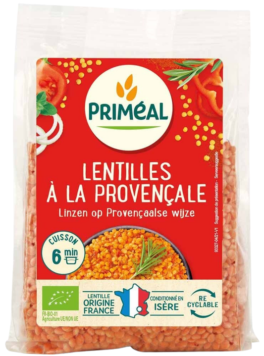 Primeal Provencaalse stijl biologische linzen in 300g pack, with fresh, cooked-looking lentils and vegetables on the packaging.