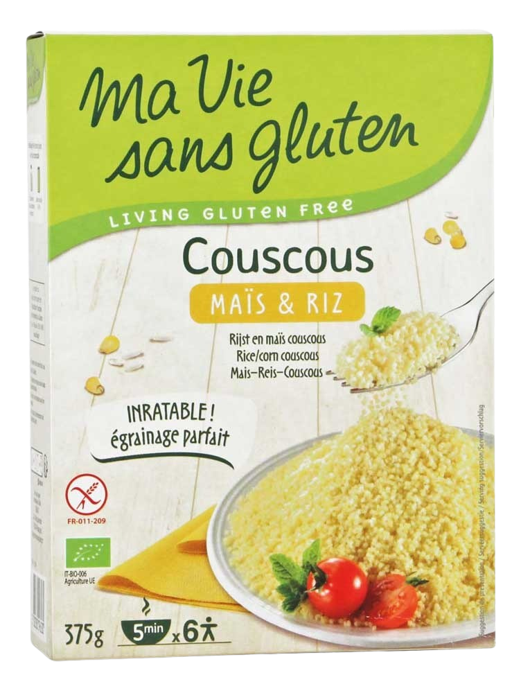 Ma Vie Sans gluten-free maize and rice pasta in a 375g package, natural ingredients, ideal for gluten-sensitive diets.