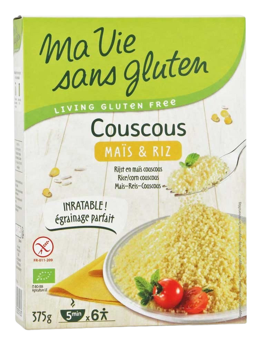 Ma Vie Sans gluten-free maize and rice pasta in a 375g package, natural ingredients, ideal for gluten-sensitive diets.