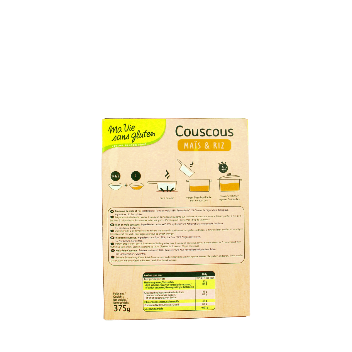 Gluten-free Ma Vie Sans pasta made from corn and rice, 375g, in a clear package showing the pasta inside.