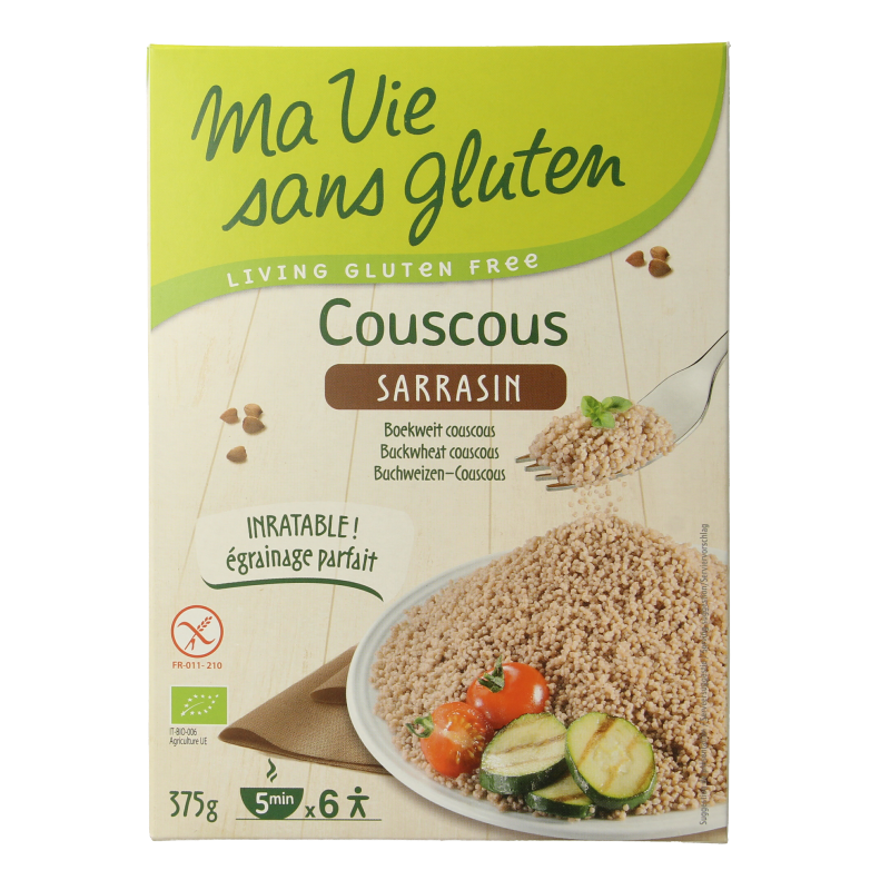 Gluten-free Ma Vie Sans 100% organic buckwheat pasta in 375g package, showcasing the pasta's shape and packaging.