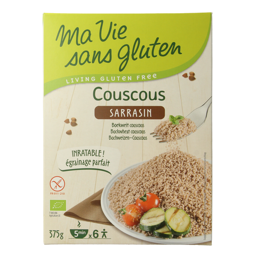 Gluten-free Ma Vie Sans 100% organic buckwheat pasta in 375g package, showcasing the pasta's shape and packaging.