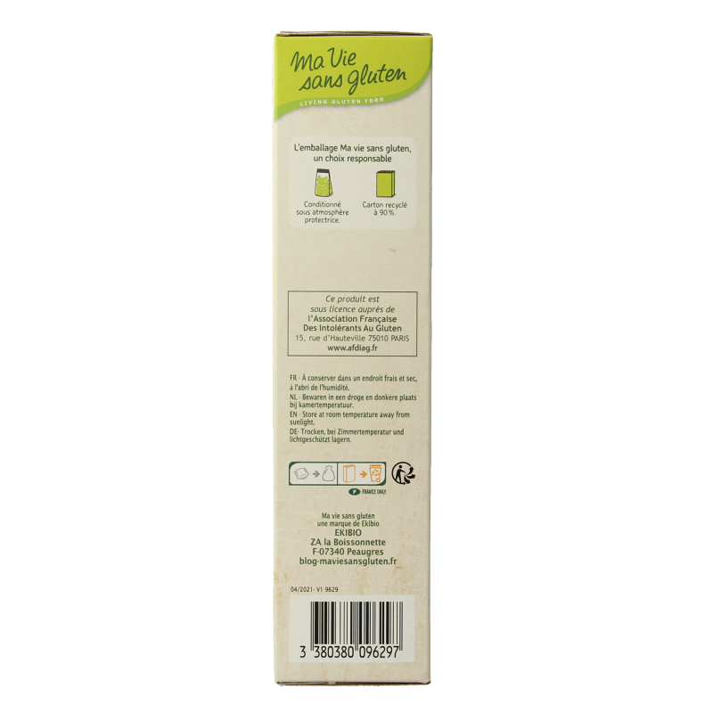 Gluten-free organic buckwheat pasta from Ma Vie Sans, 375 grams, in a clear package showing the pasta shape and branding.