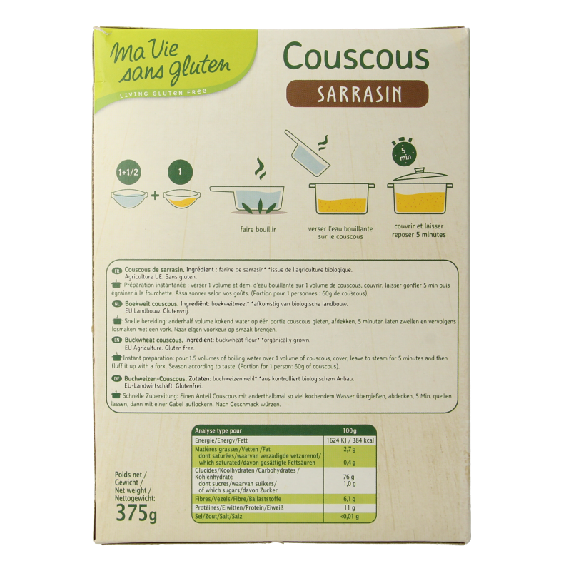 Ma Vie Sans gluten-free organic buckwheat pasta in 375g package, showcasing the uncooked pasta strands in a natural setting.