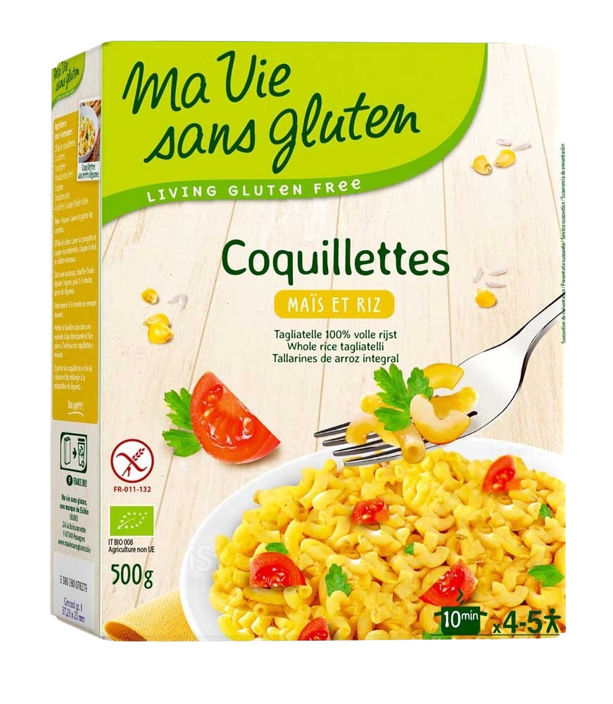 Gluten-free Ma Vie Sans corn and rice pasta in a 500g package, organic, with a close-up of the pasta shapes on the bag.