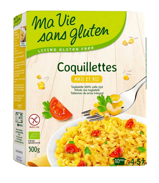 Gluten-free Ma Vie Sans corn and rice pasta in a 500g package, organic, with a close-up of the pasta shapes on the bag.