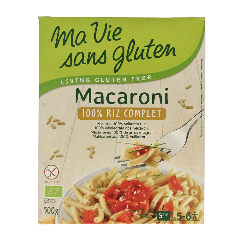 Ma Vie Sans glutenvrije volkoren rijstmacaroni, 500g, biologisch, pasta en rijst product, in groene en witte verpakking