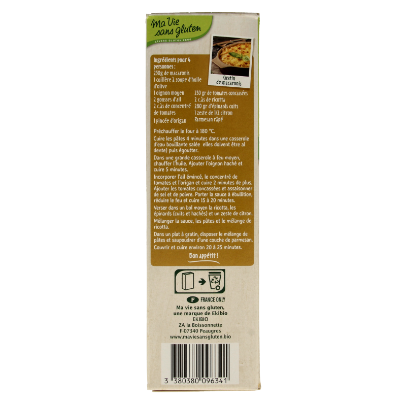 Whole grain rice pasta by Ma Vie Sans, gluten-free and organic, shown in a 500g package.