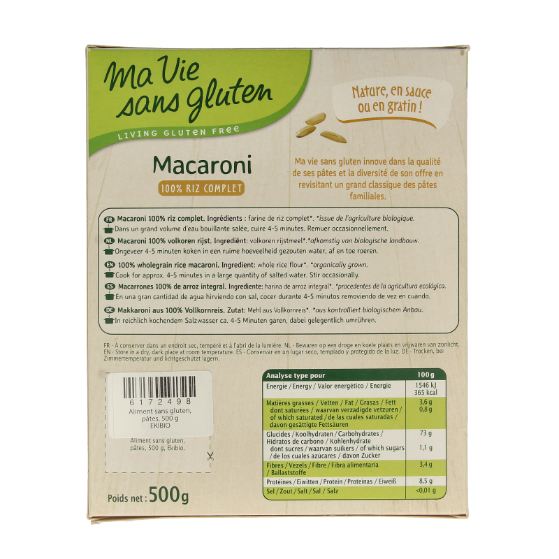 Ma Vie Sans glutenvrije volkoren rijstpasta van 500g, biologische pasta en rijst product, gemaakt van volkoren rijst