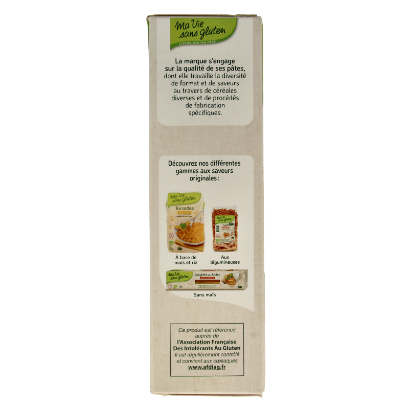 Whole grain rice pasta from Ma Vie Sans, gluten-free, organic, 500g package, with a close-up of the pasta on a white background.