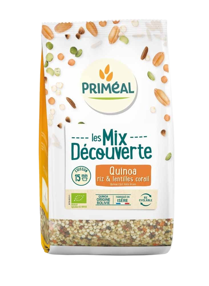 Primeal organic mix of quinoa, rice, and red lentils in a 400g package, showing the colorful grains and legumes.