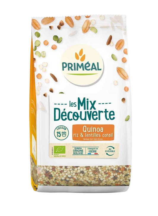 Primeal organic mix of quinoa, rice, and red lentils in a 400g package, showing the colorful grains and legumes.