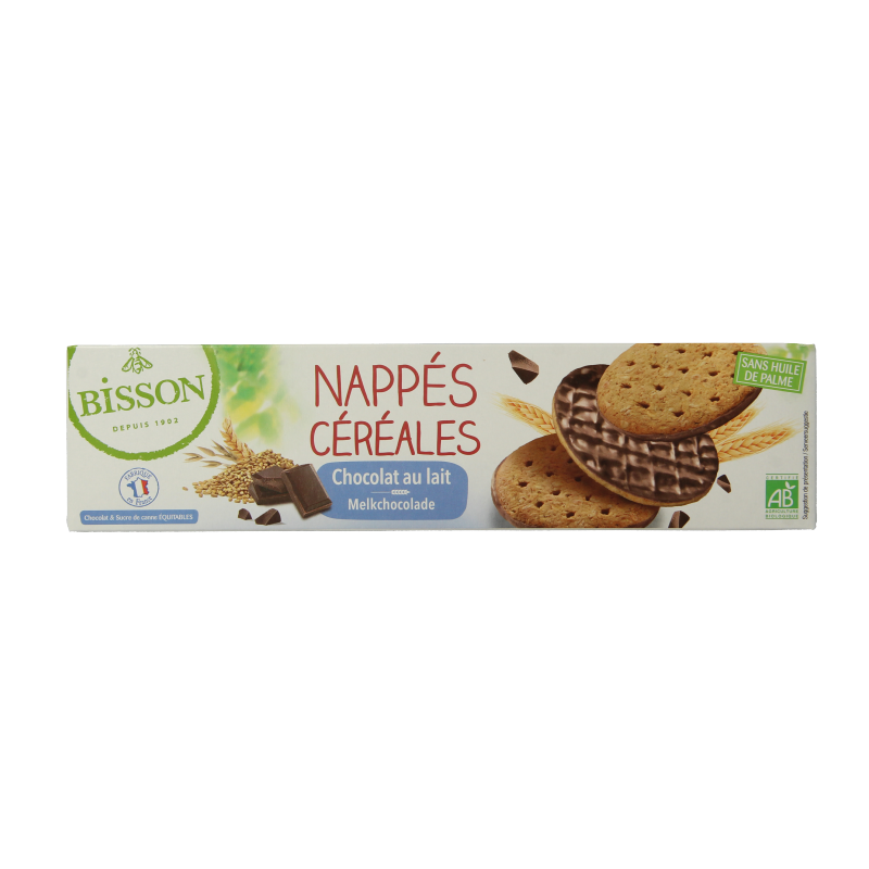 Bisson Melk chocolade frosted granenkoekjes bio, 140g, featuring chocolate-frosted grain cookies on a plate.