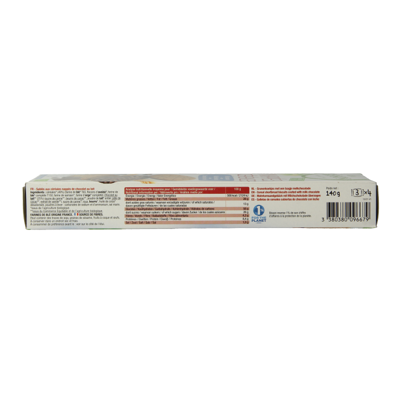Bisson Melk chocolade frosted granenkoekjes bio, 140g, showing chocolate-frosted grain cookies on a white background.