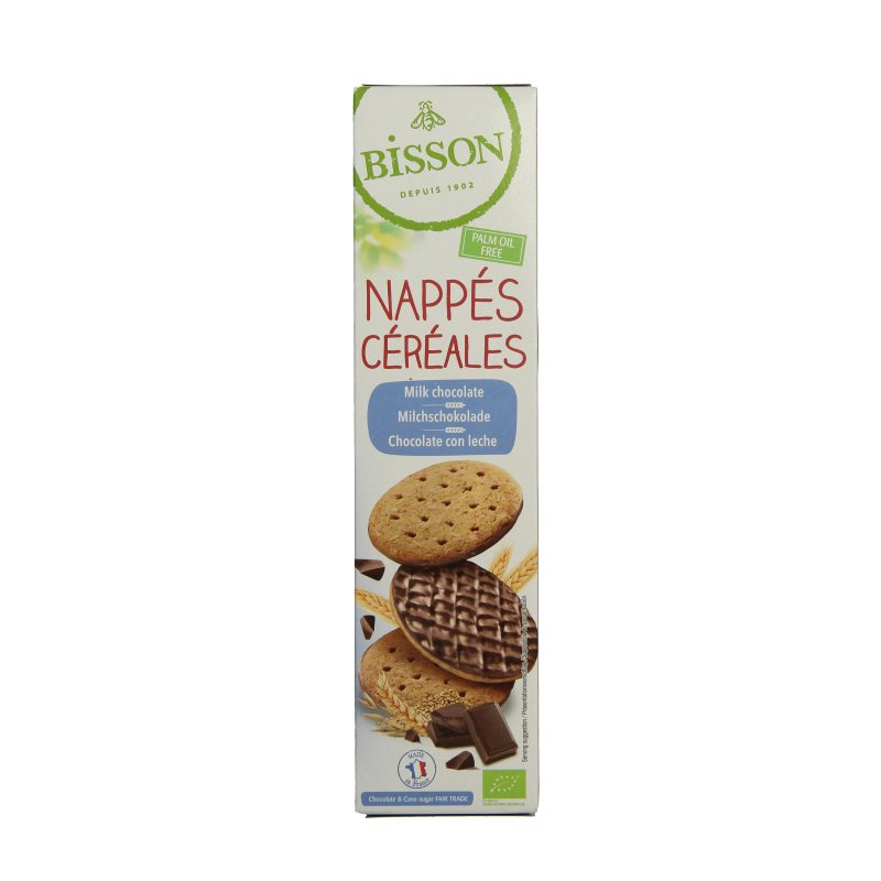 Bisson Melk chocolade frosted granenkoekjes in 140g package, crispy cookies with milk chocolate frosting and grains.