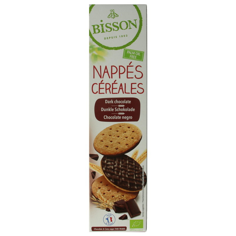 Bisson Pure chocolade frosted granenkoekjes bio, 140g, close-up of chocolate-frosted grain cookies on a plate