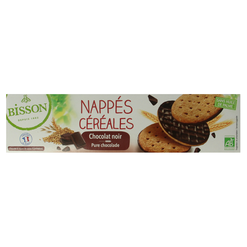 Bisson Pure chocolade frosted granenkoekjes bio, 140g, showing chocolate-frosted grain cookies on a white plate.