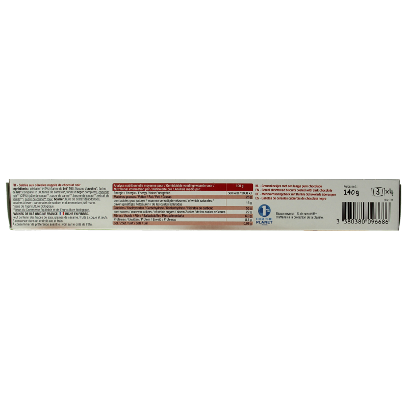 Bisson Pure chocolade frosted granenkoekjes bio, 140g, showing frosted chocolate-coated granenkoekjes on the package