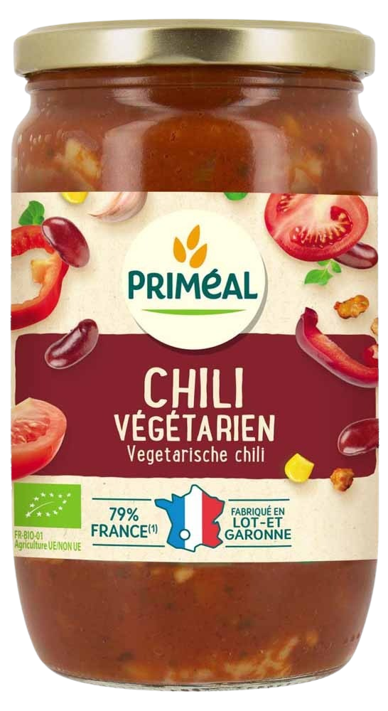 Primeal vegetarische chili bio kruiden en maaltijdmix in 665g package, featuring a colorful blend of spices and vegetables.