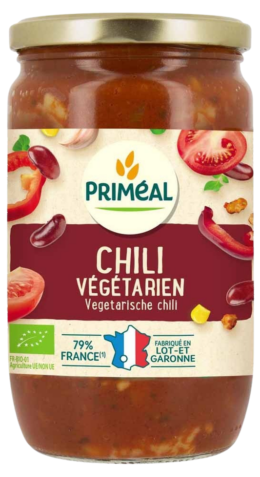 Primeal vegetarische chili bio kruiden en maaltijdmix in 665g package, featuring a colorful blend of spices and vegetables.