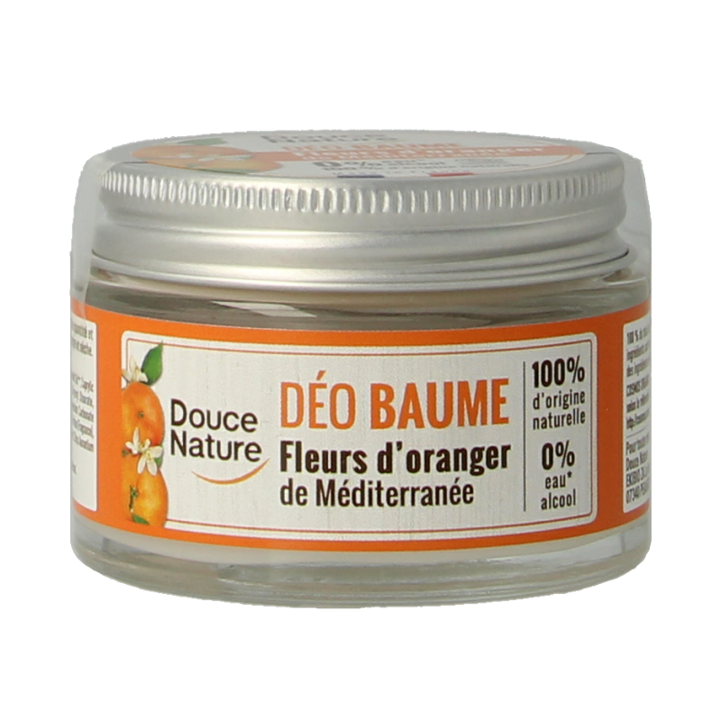 Douce Nature Oranjebloesem bio deodorant balm in a 50g jar, featuring natural ingredients and a smooth, creamy texture.