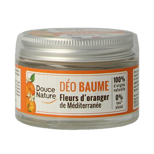 Douce Nature Oranjebloesem bio deodorant balm in a 50g jar, featuring natural ingredients and a smooth, creamy texture.