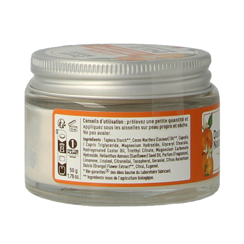 Douce Nature organic orange blossom deodorant balm in a 50g container with natural texture and branding label.
