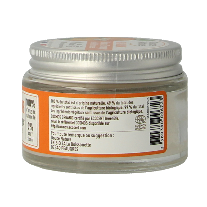 Douce Nature organic orange blossom deodorant balm in a 50g container, natural skincare product with orange blossom scent.
