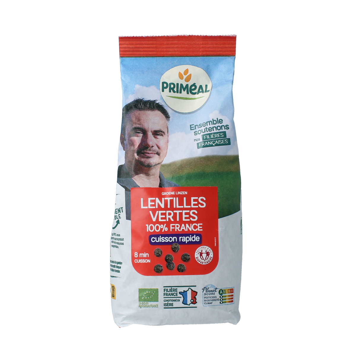 Primeal organic green lentils from France in a 300g package, fresh and ready for cooking.