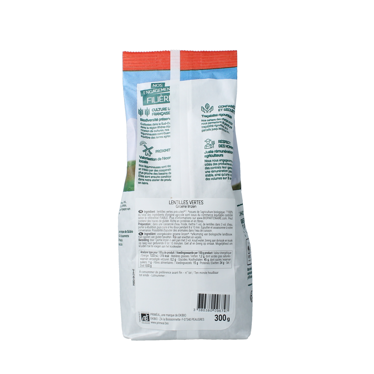 Primeal organic green lentils from France in a 300g package, fresh and ready for cooking.