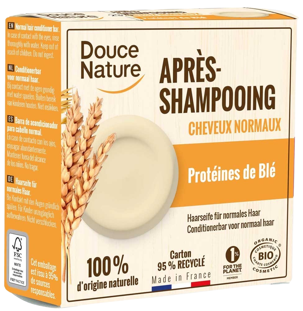 Douce Nature conditioner bar for normal hair, organic, 65g, with natural ingredients, shown in a clear image.