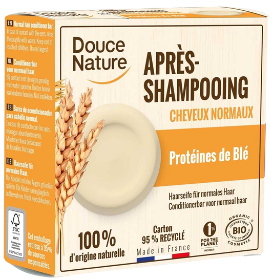 Douce Nature conditioner bar for normal hair, organic, 65g, with natural ingredients, shown in a clear image.
