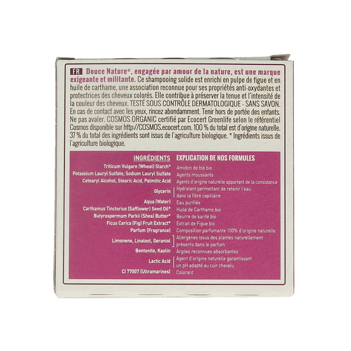 Douce Nature shampoo bar for colored hair, 85g, natural hair care product with a colorful packaging design.