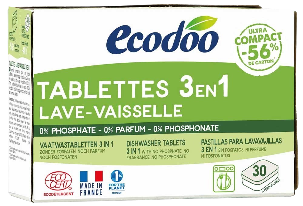 Ecodoo 3-in-1 eco concentrated dishwashing tablets, 30 pieces, for effective cleaning of dishes in an environmentally friendly way.