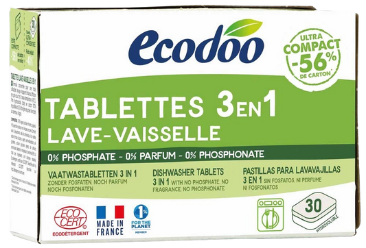 Ecodoo 3-in-1 eco concentrated dishwashing tablets, 30 pieces, for effective cleaning of dishes in an environmentally friendly way.