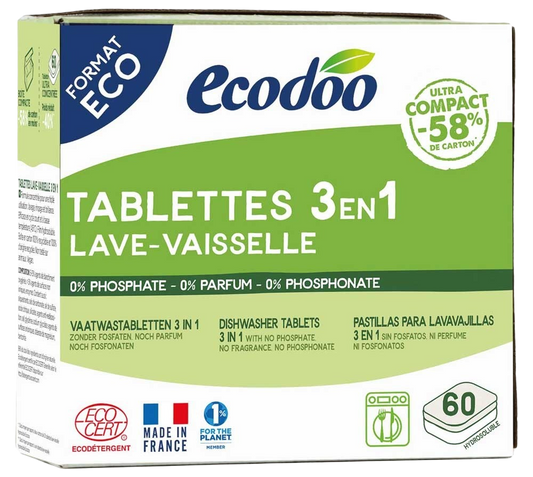 Ecodoo 3-in-1 concentrated XL dishwashing tablets, bio, eco-friendly, 60 pieces in a resealable package
