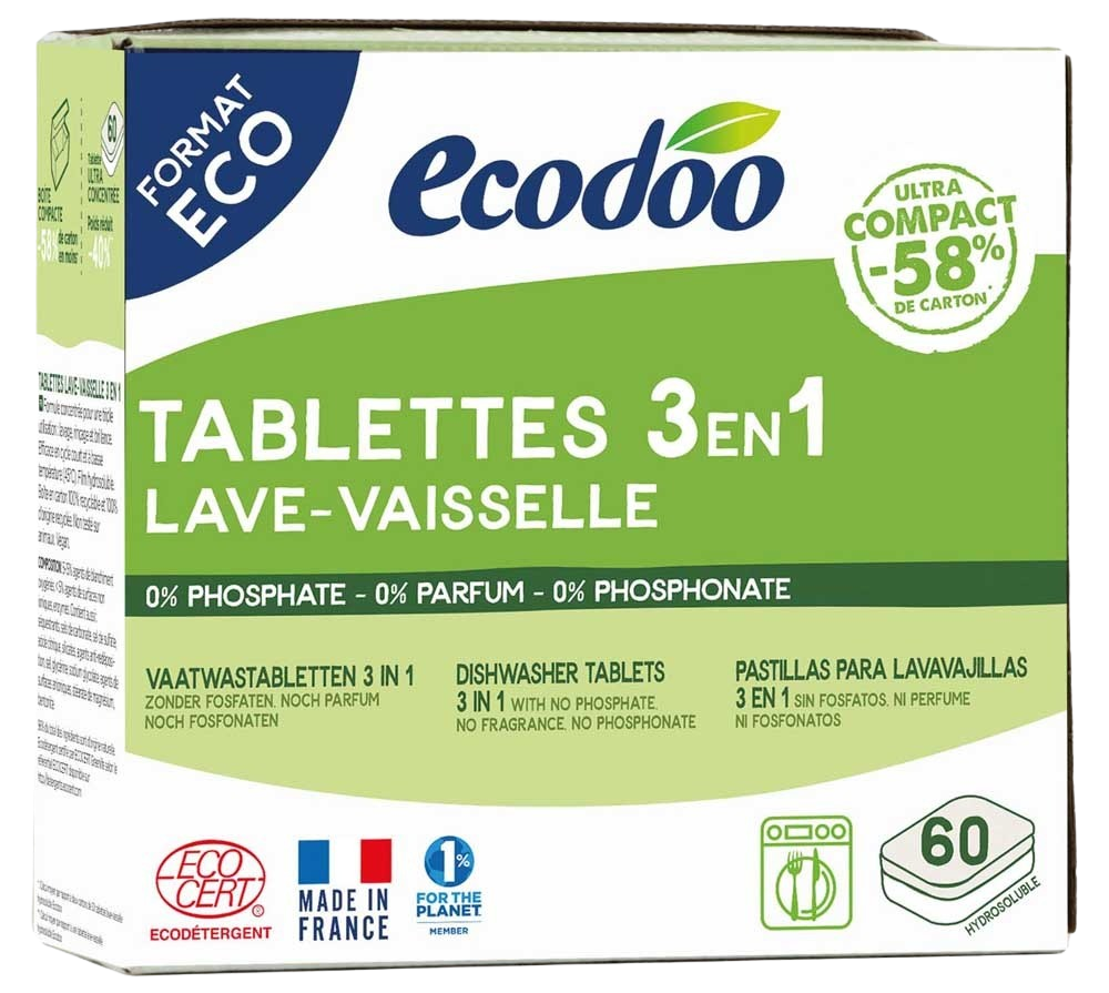Ecodoo 3-in-1 bio concentrated dishwasher tablets, XL size, 60 pieces, natural eco-friendly dishwashing product.