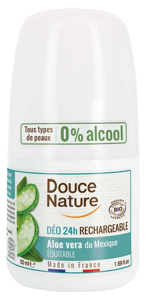 Douce Nature aloe vera roll-on deodorant in a 50g recyclable container, designed for fresh, natural underarm odor protection.