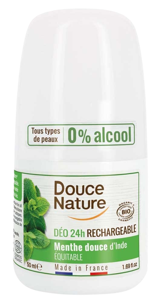 Douce Nature mint roll-on deodorant in a 50g recyclable container, natural deodorant with fresh mint scent