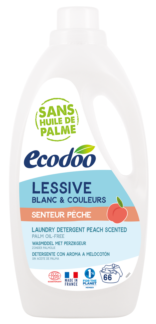 Ecodoo bio liquid peach laundry detergent bottle in 2-liter size, natural cleaning product with peach scent.