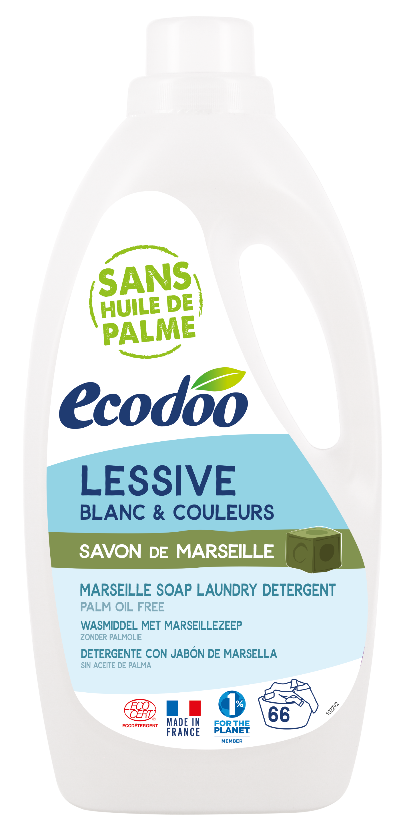 Ecodoo liquid Marseille soap for laundry in a 2-liter bottle, eco-friendly natural cleaning product with plant-based ingredients.