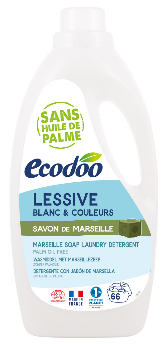 Ecodoo liquid Marseille soap for laundry in a 2-liter bottle, eco-friendly natural cleaning product with plant-based ingredients.