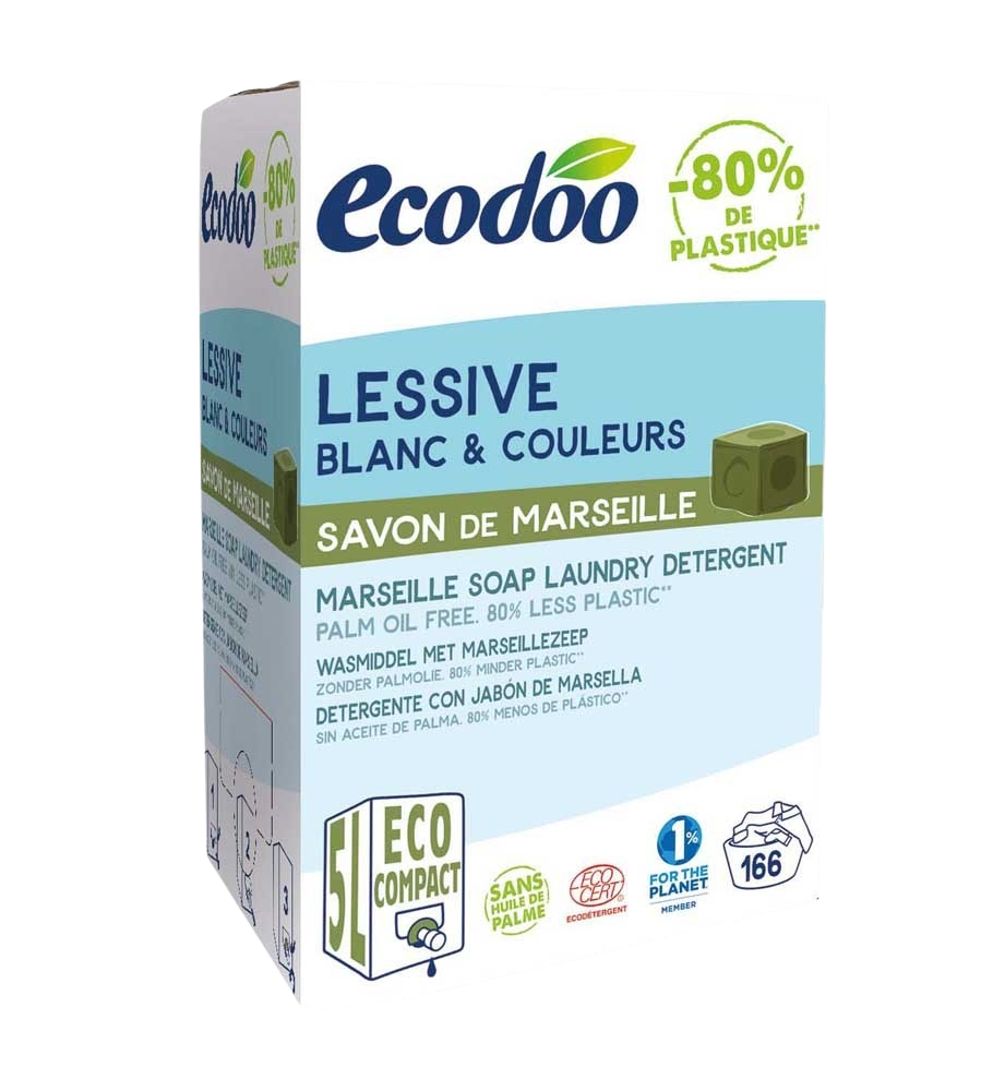 Ecodoo liquid Marseille soap detergent in a 5-liter bottle, natural eco-friendly washing liquid for laundry and cleaning.