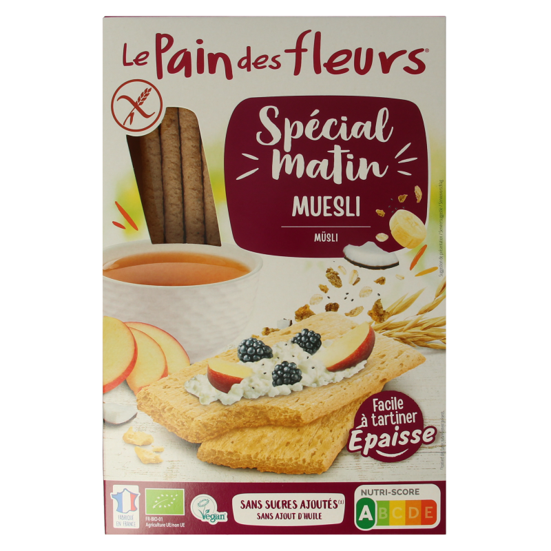 Pain Des Fleurs matin muesli ontbijtcrackers in 230g package, featuring whole grains and a crunchy texture for breakfast.