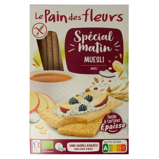 Pain Des Fleurs matin muesli ontbijtcrackers in 230g package, featuring whole grains and a crunchy texture for breakfast.