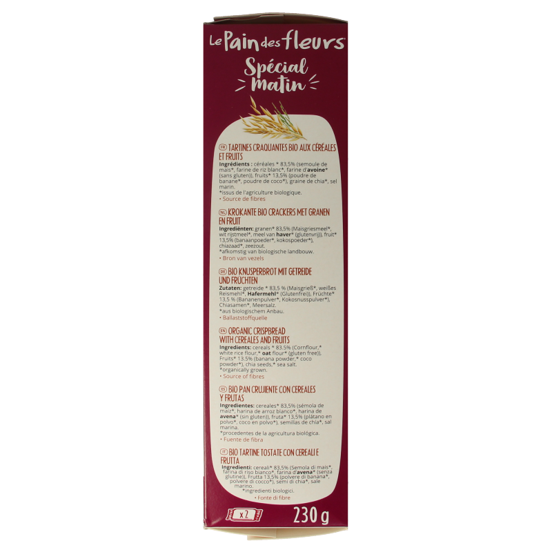 Pain Des Fleurs matin muesli ontbijtcrackers bio, 230g, featuring whole grains and seeds in a natural, crispy cracker.