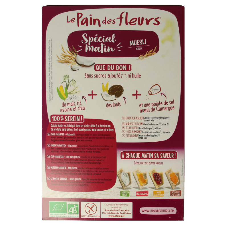 Pain Des Fleurs matin muesli ontbijtcrackers bio in 230g package, showing crispy crackers with muesli topping and natural ingredients.