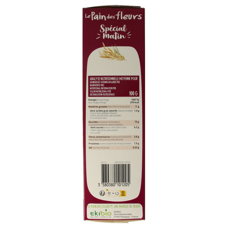Pain Des Fleurs matin muesli ontbijtcrackers bio, 230g, close-up of crispy, golden organic crackers with muesli grains.