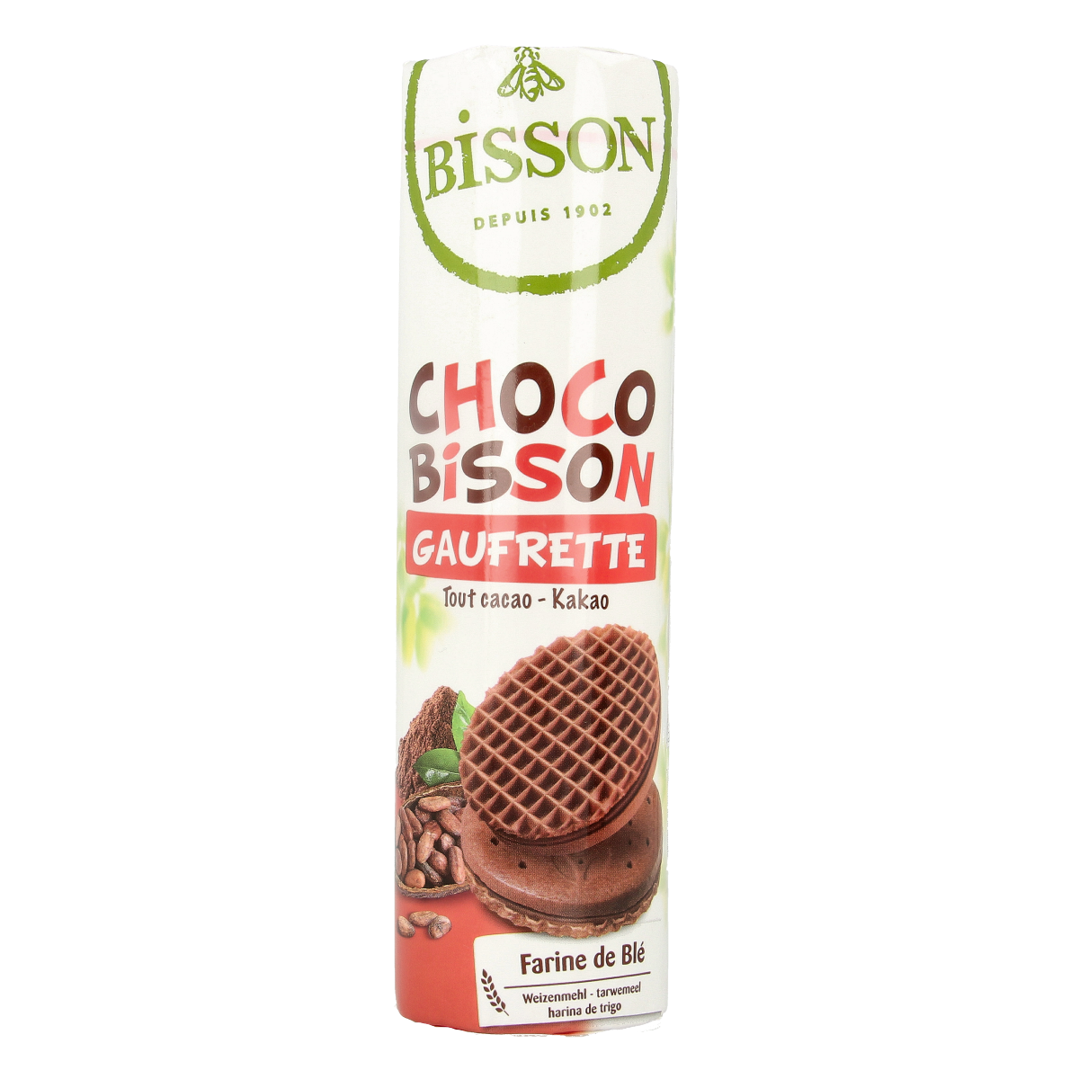 Bisson bio chocolade wafels koeken, 240g, with crispy chocolate-coated wafers and natural ingredients, ready to enjoy.