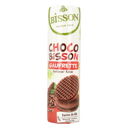 Bisson bio chocolade wafels koeken, 240g, with crispy chocolate-coated wafers and natural ingredients, ready to enjoy.